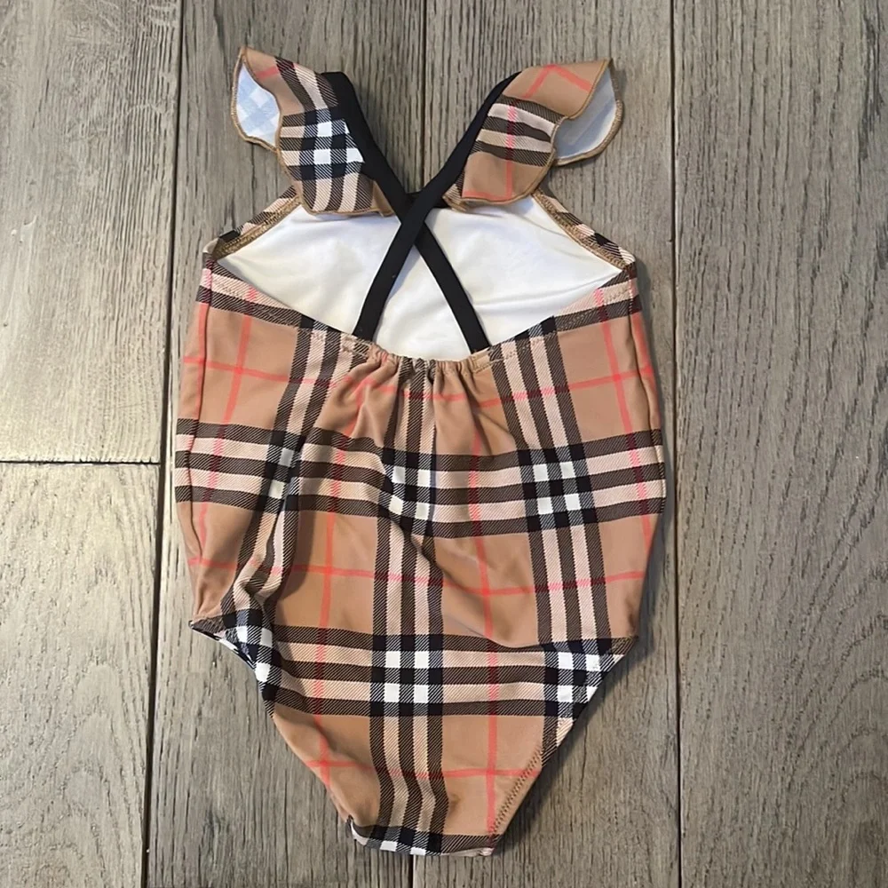 Burberry Tan Plaid One-Piece Swimsuit with Black Trim